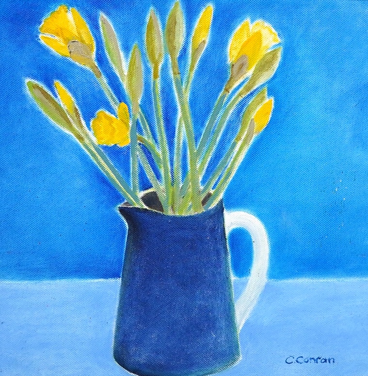 Caroline Conran (b.1939), oil on canvas, Still life of daffodils in a jug, signed, 29 x 29cm. Condition - good